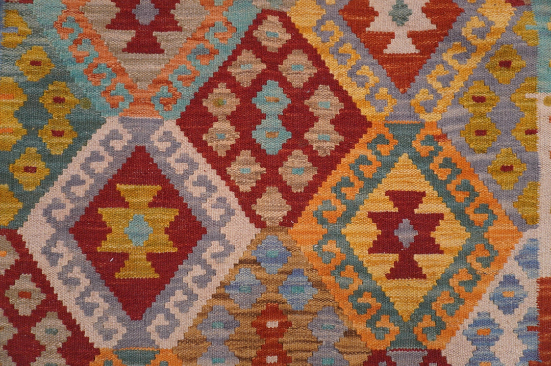 3x5 Afghan Kilim Blue Hand knotted Geometric Wool Area Rug - Yildiz Rugs