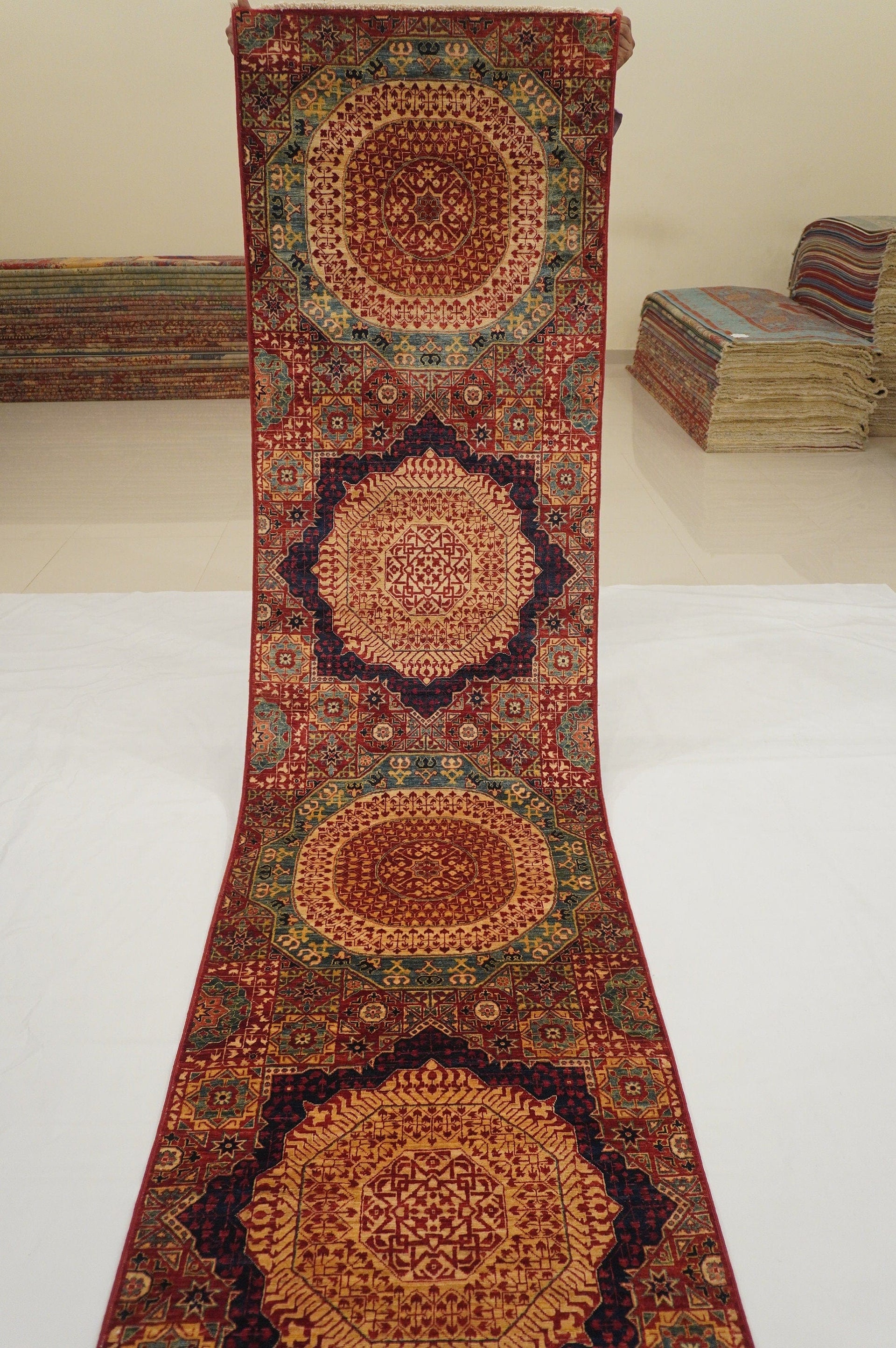 16 Feet Turkish Red Mamluk Hand knotted Wool Runner rug - Yildiz Rugs
