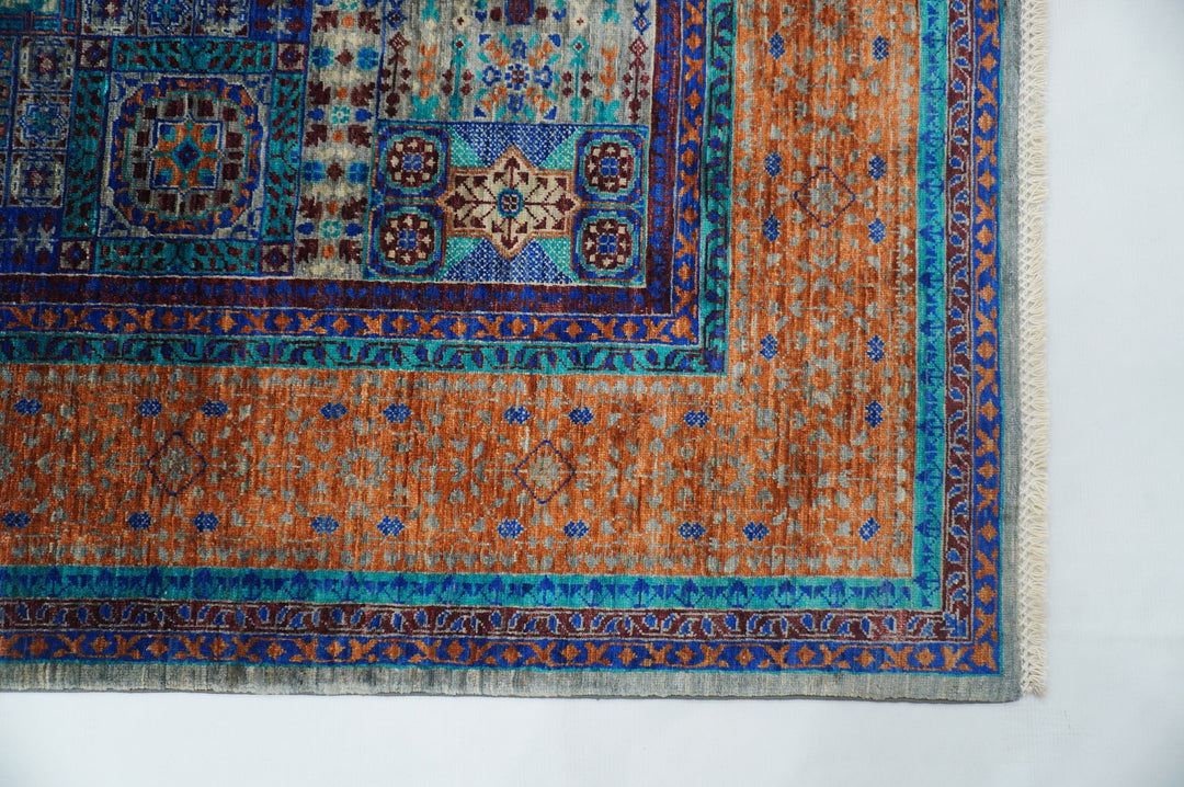 6x8 ft. Turkish Mamluk Gray Blue Orange Hand Knotted Wool Rug - Yildiz Rugs