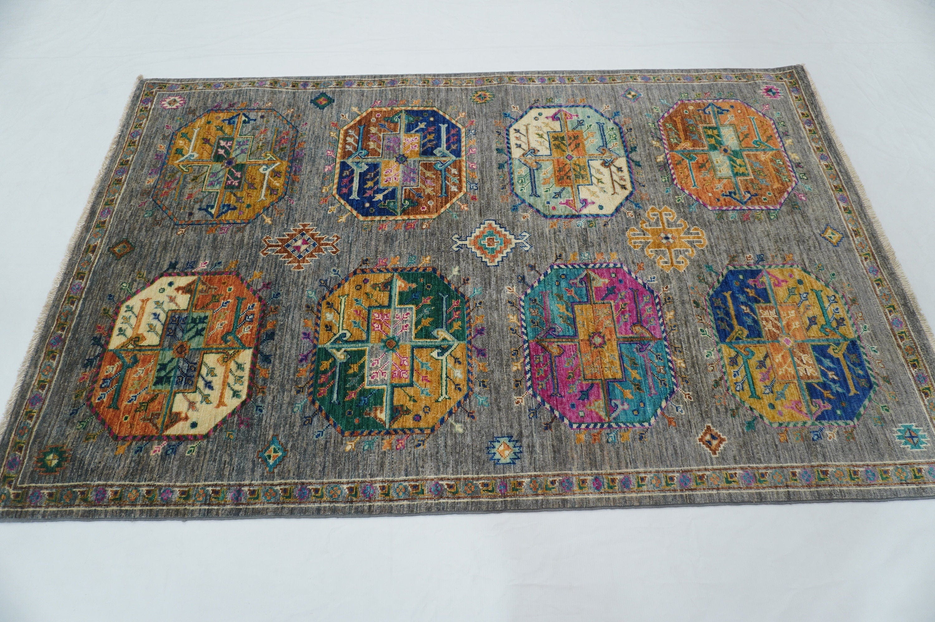 4x6 Ersari Gray Modern colors Afghan hand knotted Wool Area Rug - Yildiz Rugs