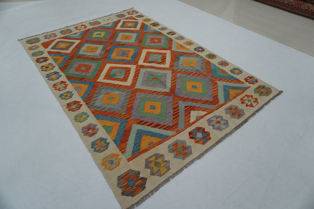 6x9 Afghan Orange Beige Geometric Kilim Wool Rug - Yildiz Rugs