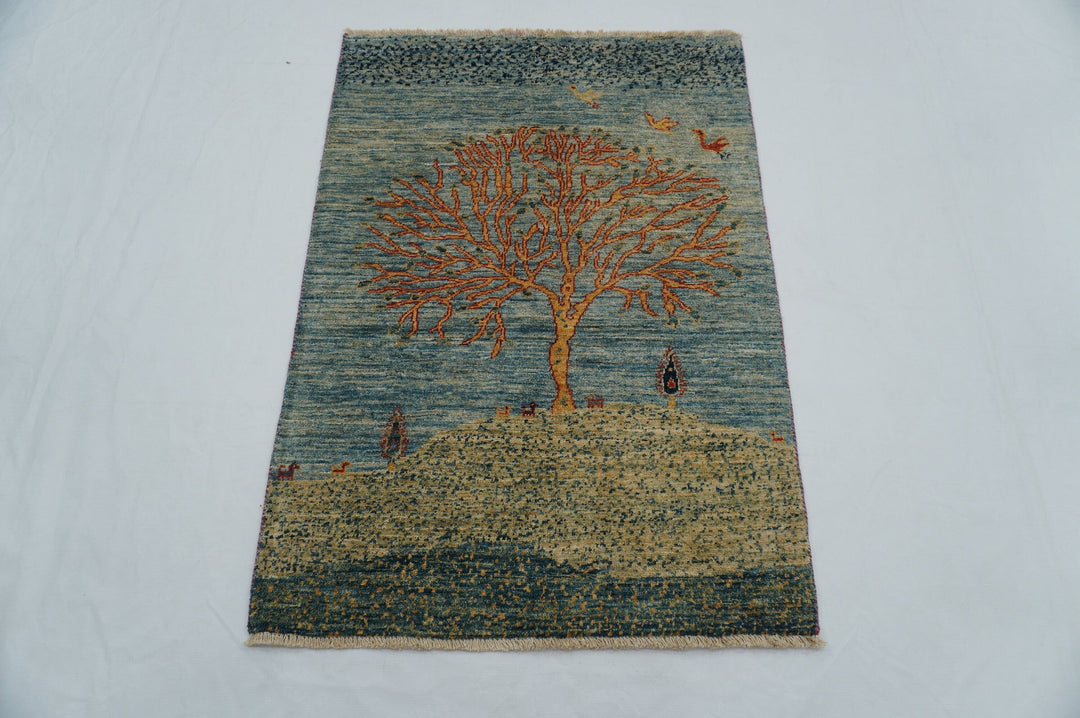 3x4 Gabbeh Blue Tree of Life Hand Knotted Wool Area Rug - Yildiz Rugs