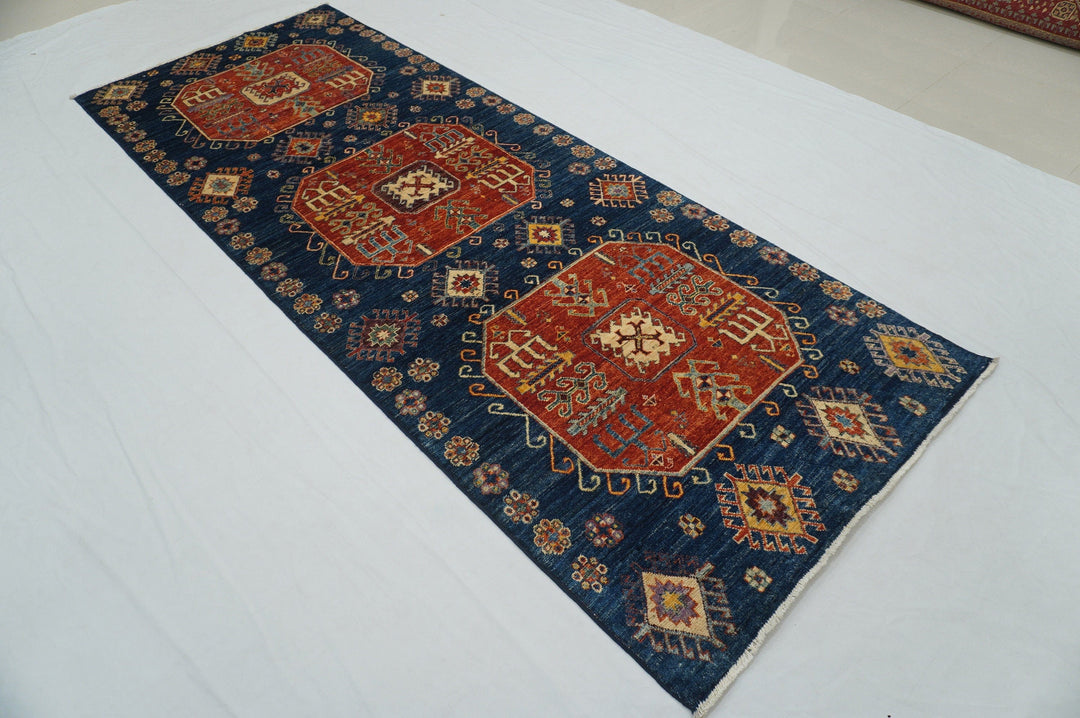 4x10 Kazak Navy Blue Afghan Hand knotted wool wide runner rug - Yildiz Rugs