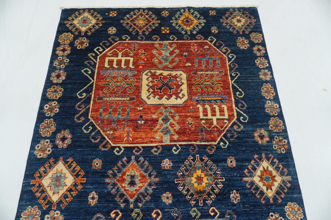 4x10 Kazak Navy Blue Afghan Hand knotted wool wide runner rug - Yildiz Rugs