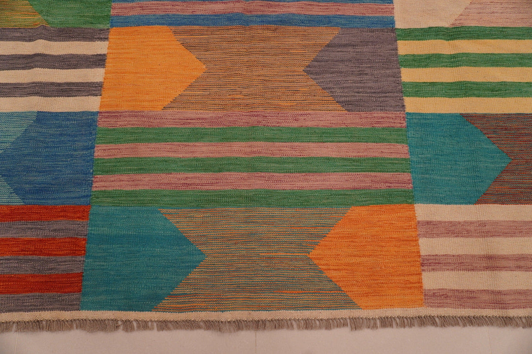 9x12 ft. Abstract Kilim Multicolor Afghan Veg dye Wool Modern Area Rug - Yildiz Rugs