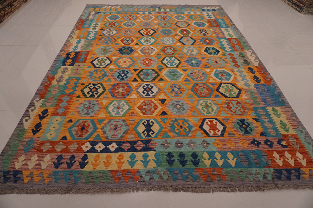 8x11 Orange Handmade Afghan Kilim Area Rug - Yildiz Rugs