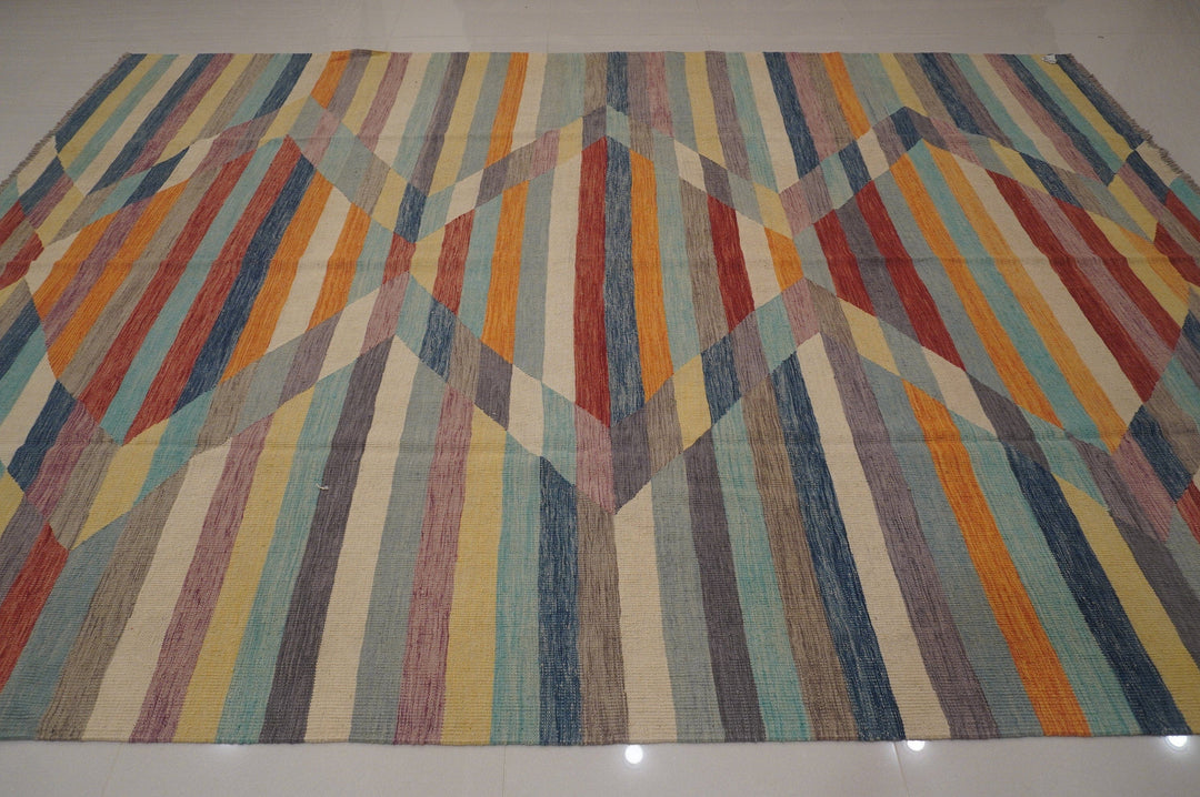 9x12 Pastel Modern colors Abstract Handmade Afghan Kilim Area Rug - Yildiz Rugs