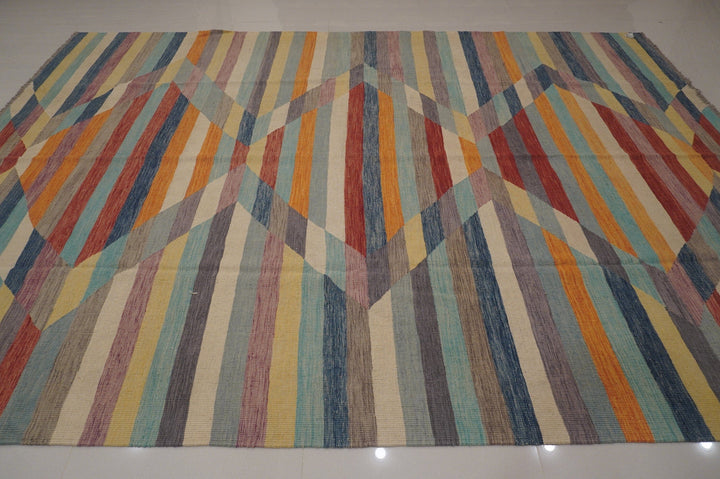 9x12 Pastel Modern colors Abstract Handmade Afghan Kilim Area Rug - Yildiz Rugs