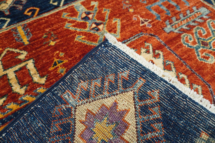 4x10 Kazak Navy Blue Afghan Hand knotted wool wide runner rug - Yildiz Rugs