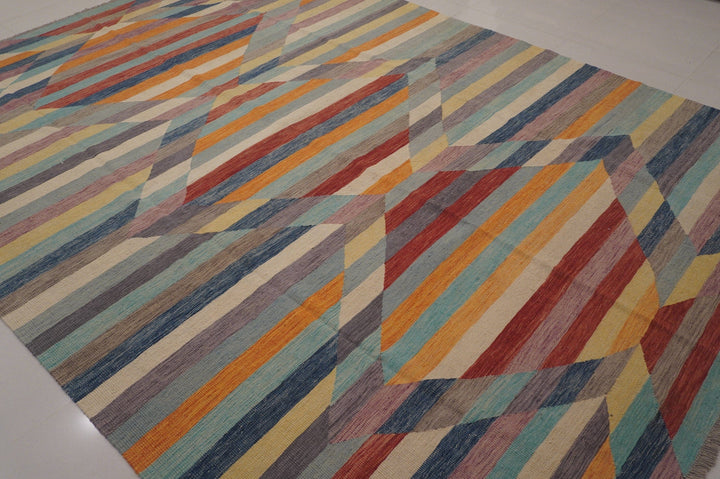 9x12 Pastel Modern colors Abstract Handmade Afghan Kilim Area Rug - Yildiz Rugs