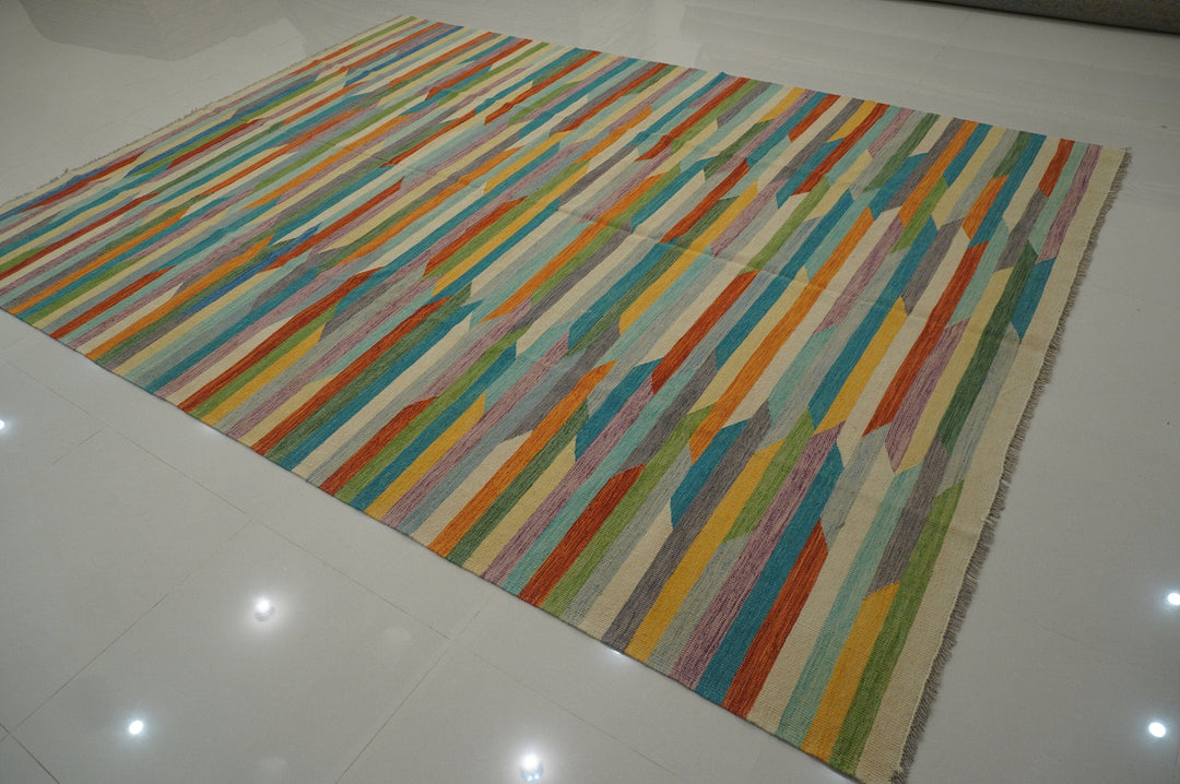 9x12 Modern Multicolor Afghan Handmade Abstract Kilim Area Rug - Yildiz Rugs