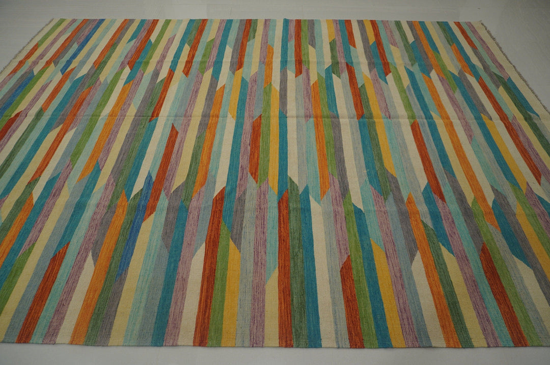 9x12 Modern Multicolor Afghan Handmade Abstract Kilim Area Rug - Yildiz Rugs