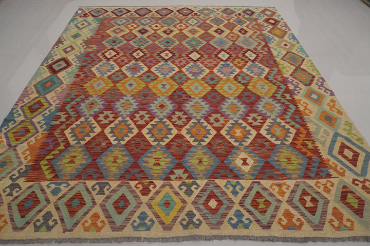 9x10 Afghan Red Blue Handmade Geometric Wool Kilim Rug - Yildiz Rugs