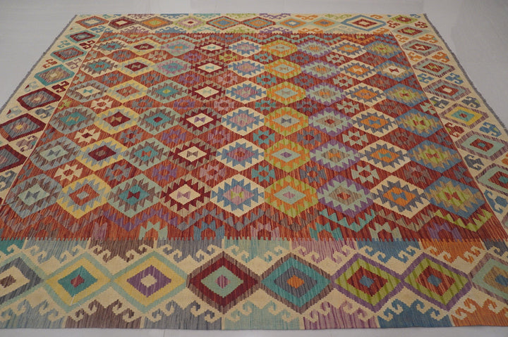 9x10 Afghan Red Blue Handmade Geometric Wool Kilim Rug - Yildiz Rugs