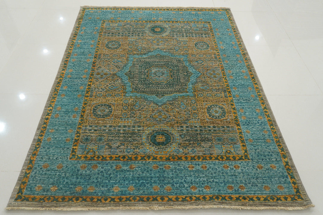 5x7 Turkish Mamluk Turquoise Blue Gray Hand knotted wool Rug - Yildiz Rugs