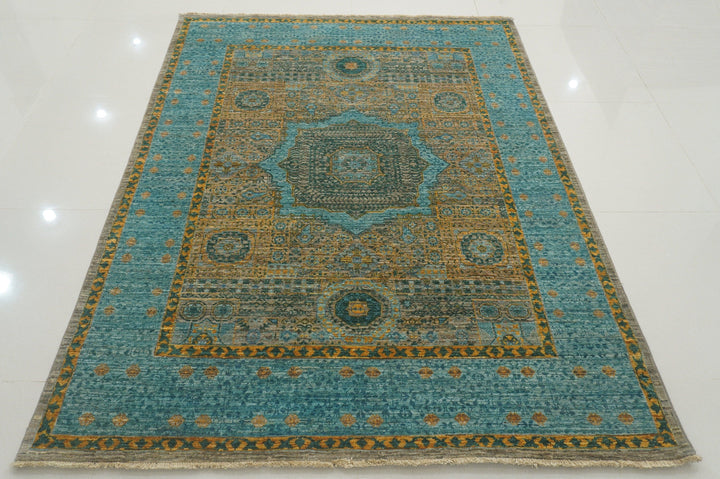 5x7 Turkish Mamluk Turquoise Blue Gray Hand knotted wool Rug - Yildiz Rugs