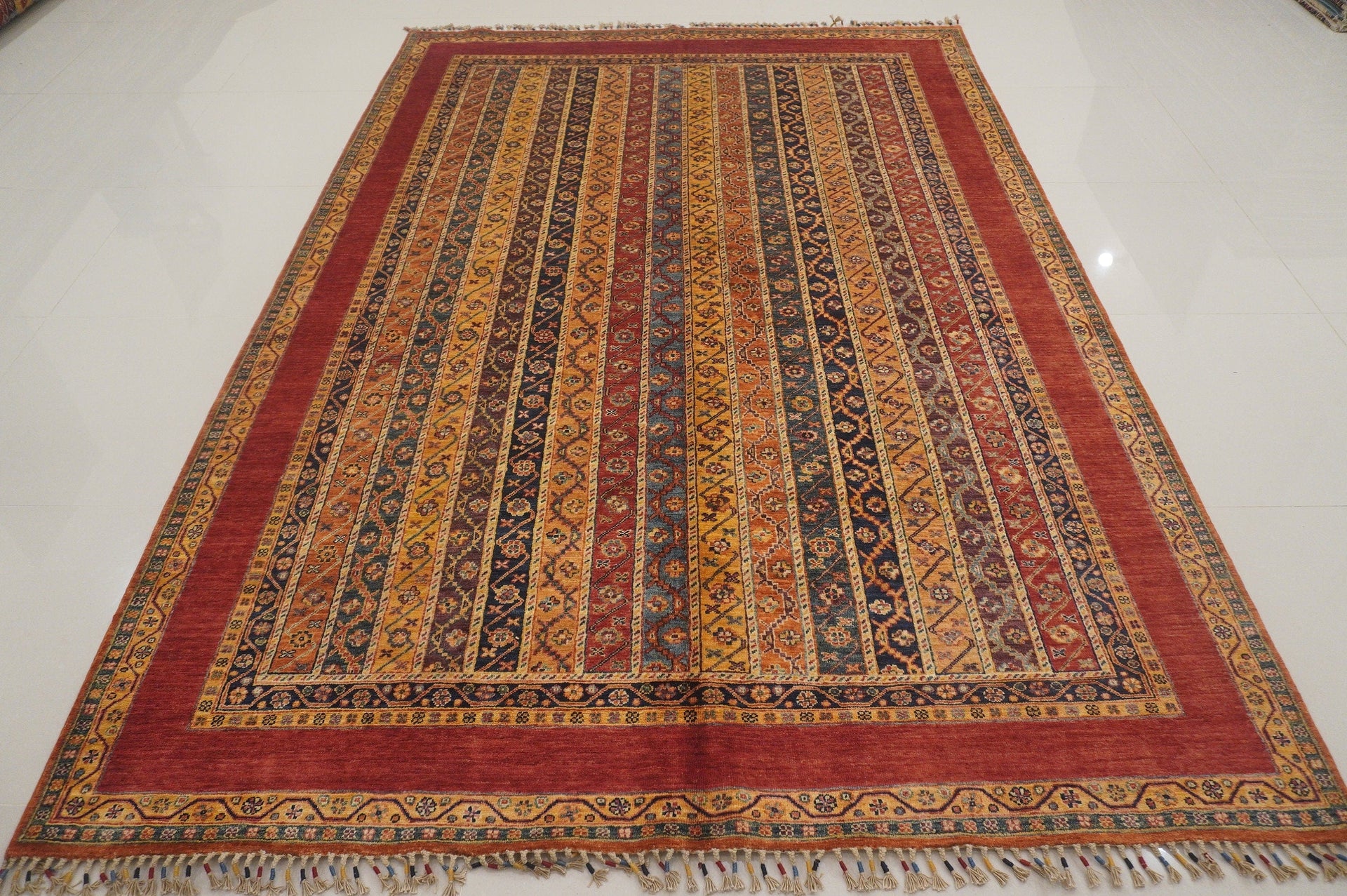 7x10 Turkish Red Shawl  Hand knotted Wool Striped rug - Yildiz Rugs