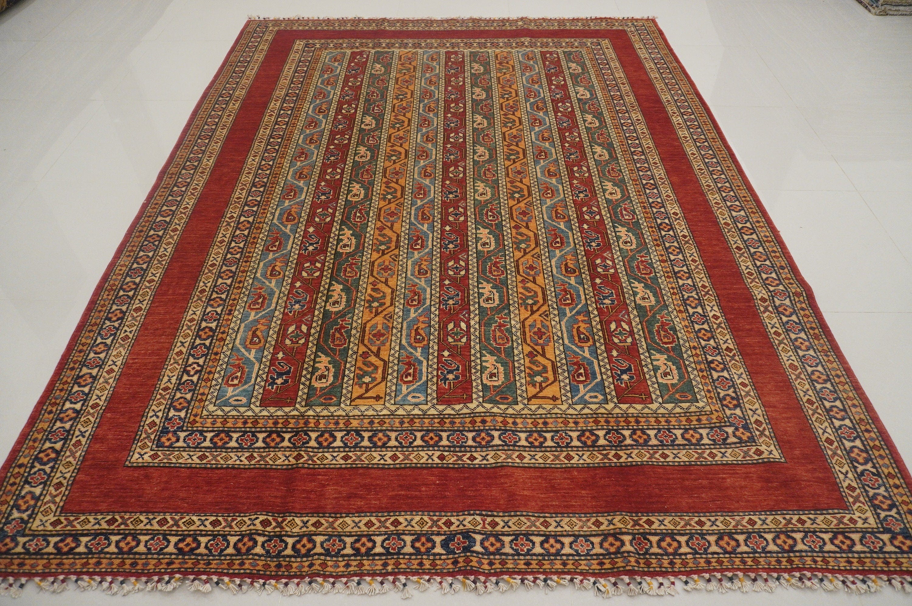 7x9 Vintage Turkish Red Shawl Hand knotted Wool Striped rug
