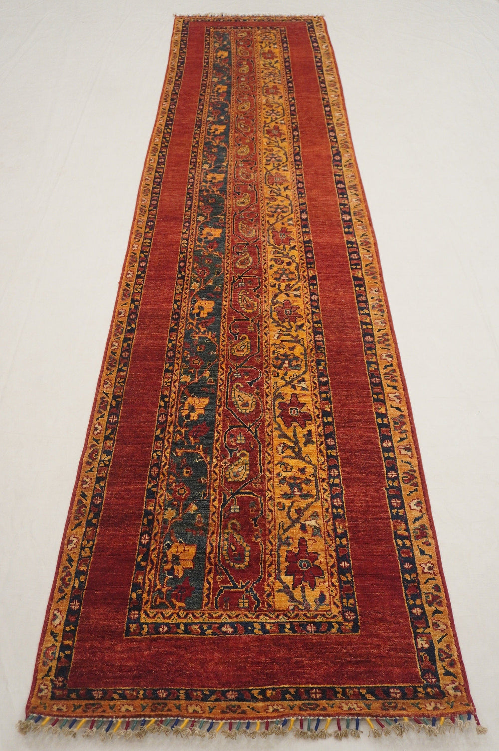 Red 12 ft Turkish Shawl Hand Knotted Natural Dyes Wool Runner Rug - Yildiz Rugs