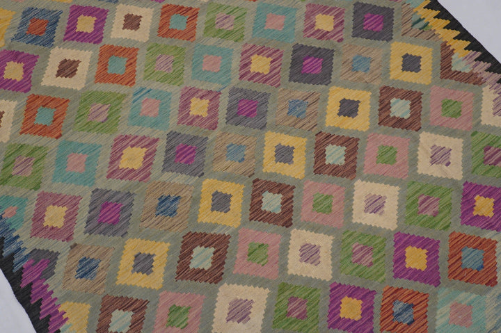 6x8 Kilim Gray Black Afghan Geometric Kilim Wool Rug - Yildiz Rugs