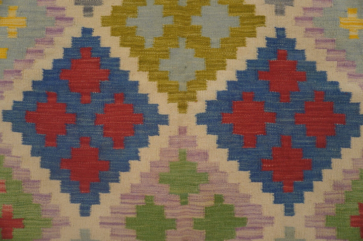 5x7 Kilim Purple Green Red Afghan Handmade Authentic Geometric Area Rug - Yildiz Rugs