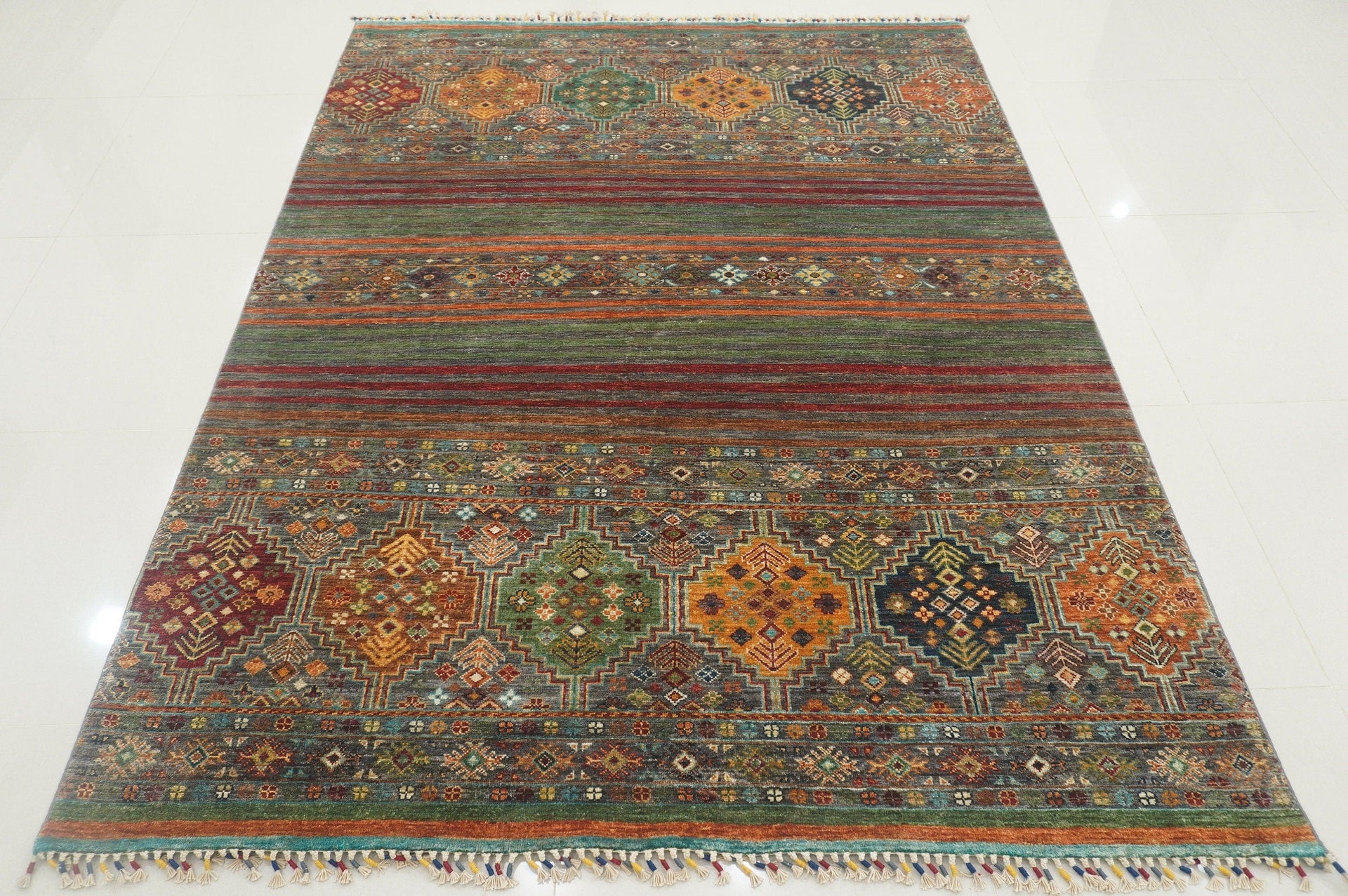 6x8 Tribal Gray Afghan Natural Dye Hand knotted Wool Striped Rug - Yildiz Rugs