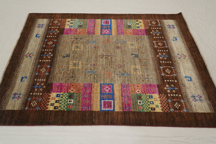 5x7 ft Gabbeh Brown Gray Kashkuli Nomad Persian Hand Knotted Wool Rug - Yildiz Rugs