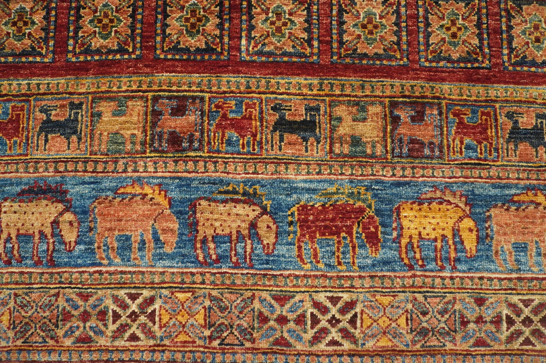8x12 Pazyryk Red Navy Blue Afghan Hand Knotted wool Oriental rug - Yildiz Rugs