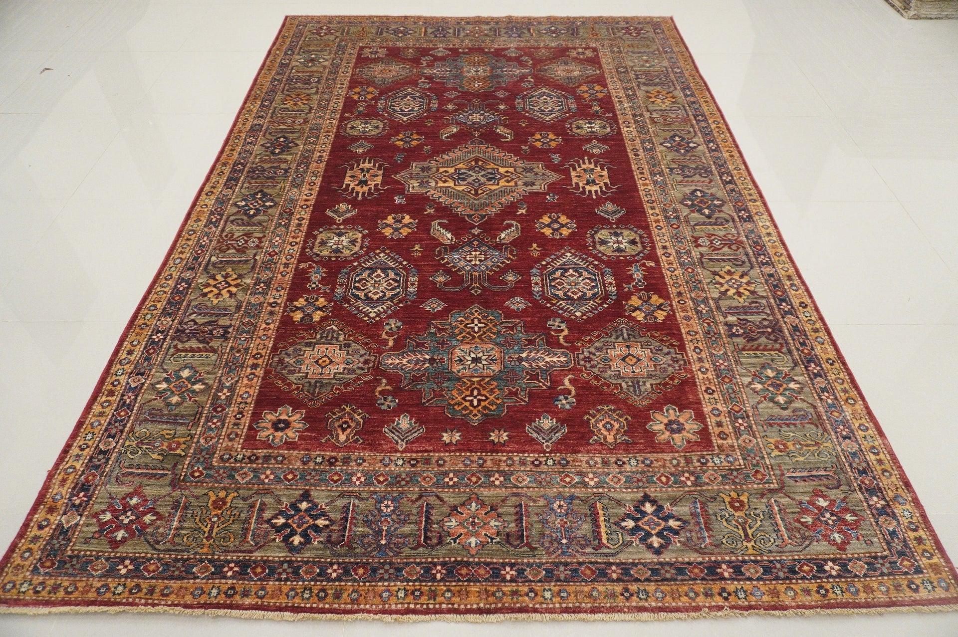 7x10 Kazak Red Afghan Hand knotted Veg dyes Wool Oriental rug - Yildiz Rugs