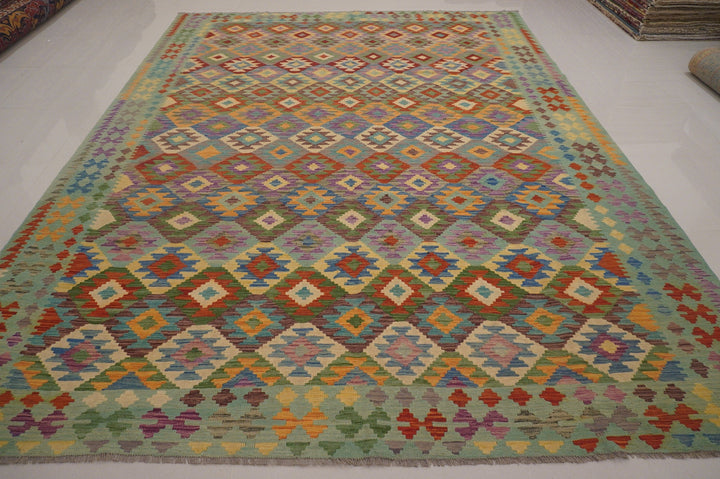 10x13 Blue Afghan handwoven Geometric Wool Kilim Area Rug - Yildiz Rugs