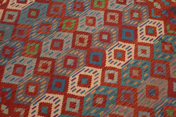 Red 8x10 Afghan Geometric Handmade Kilim Wool Rug - Yildiz Rugs