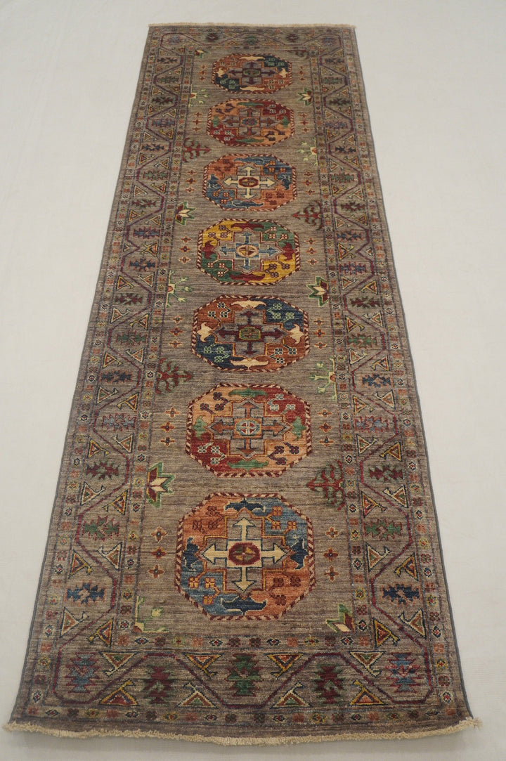 9 ft Ersari Gray Oriental Afghan Hand knotted Wool rug Runner rug - Yildiz Rugs