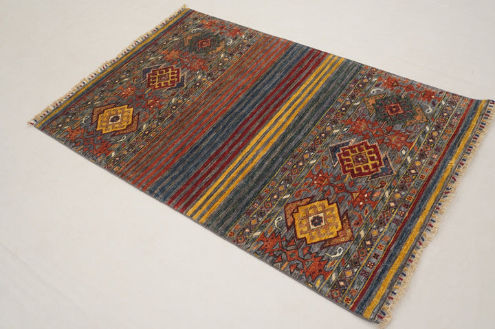 3x5 Tribal Blueish Gray Afghan Hand knotted Wool Striped Rug - Yildiz Rugs
