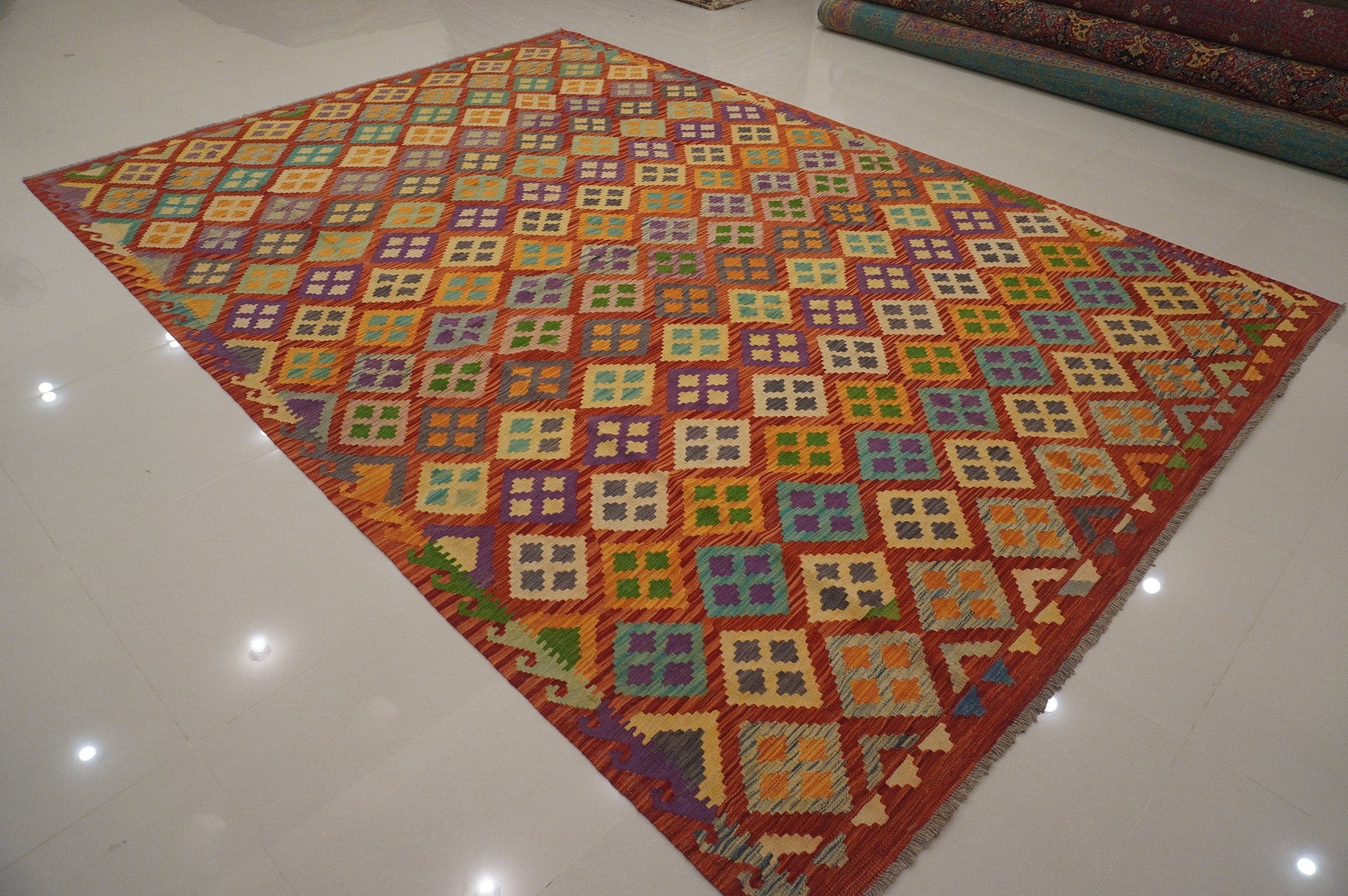 8'3x11'6  Afghan Rusty Red orange Handmade Geometric Kilim Area Rug - Yildiz Rugs