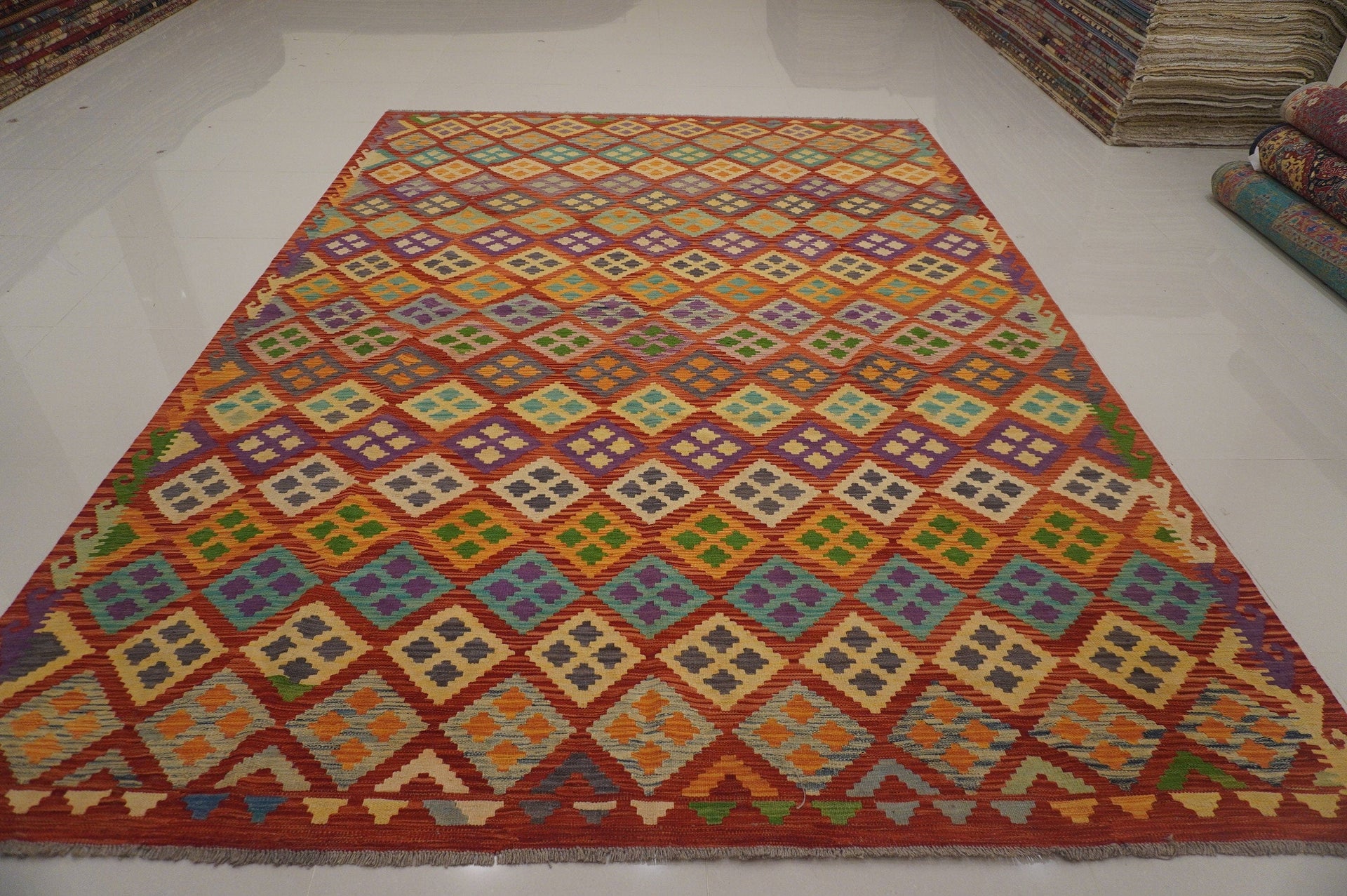 8'3x11'6  Afghan Rusty Red orange Handmade Geometric Kilim Area Rug - Yildiz Rugs