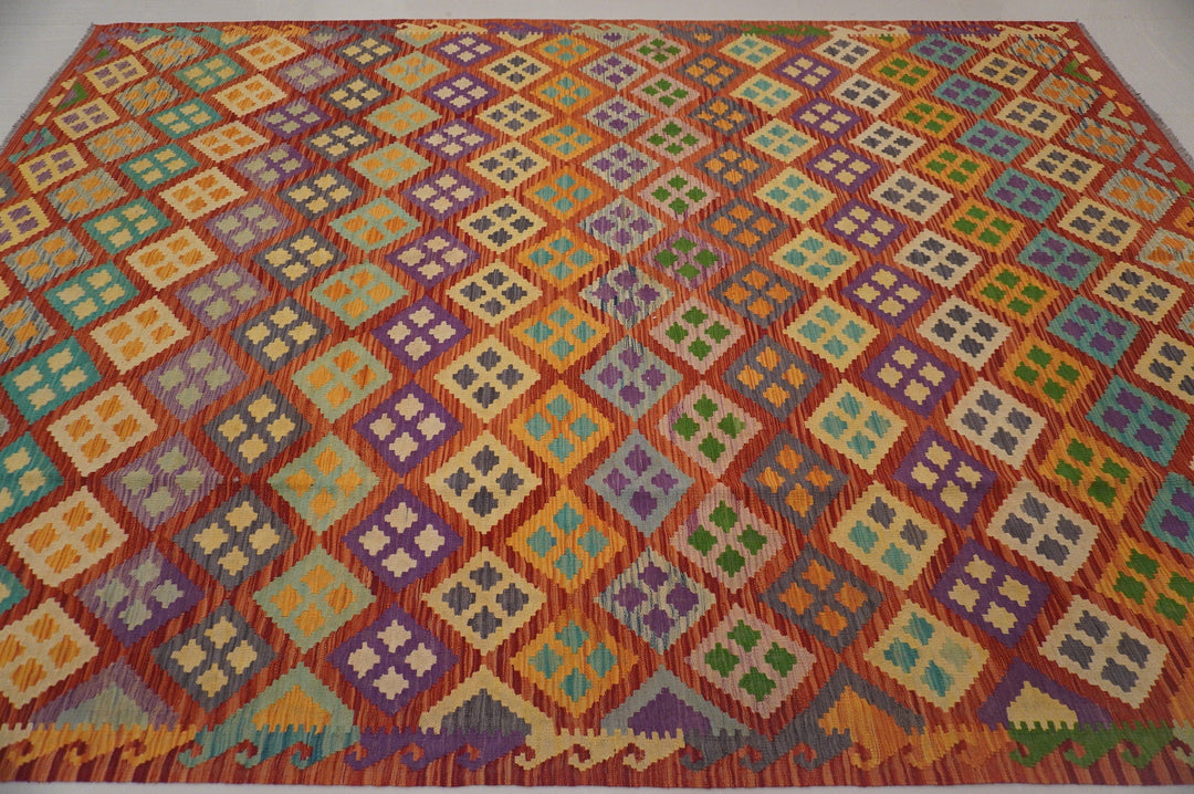 8'3x11'6  Afghan Rusty Red orange Handmade Geometric Kilim Area Rug - Yildiz Rugs