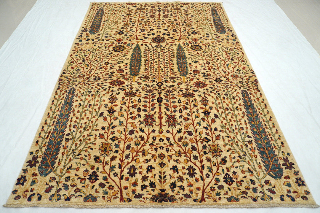 6x9 Beige Cypress Tree of Life Afghan Hand knotted Veg dye wool rug - Yildiz Rugs