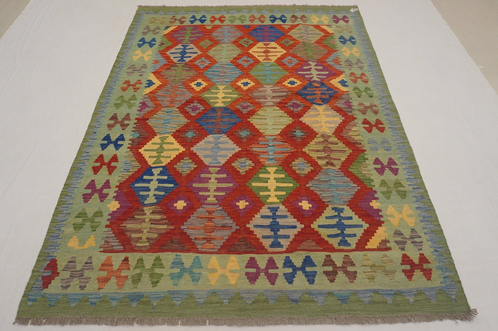 6x8 Kilim Red Green Afghan Geometric Kilim Wool Rug - Yildiz Rugs