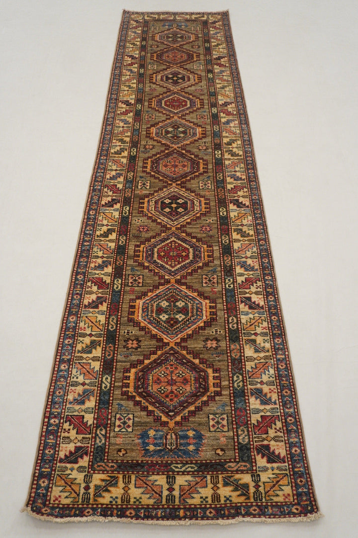 10 Ft Kazak Gray Kazak Afghan Hand knotted Veg dye Wool runner Rug - Yildiz Rugs