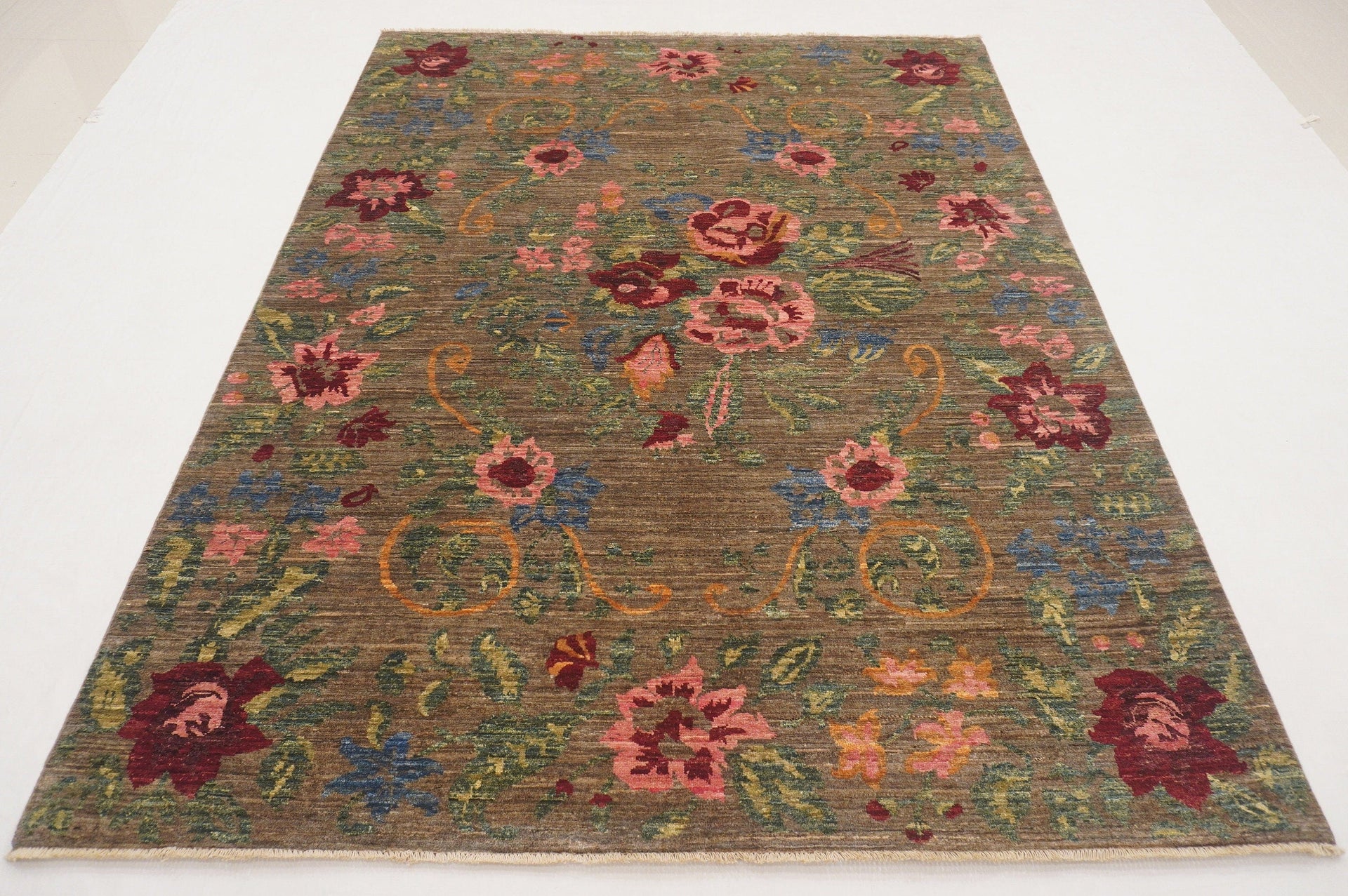 6x8 Floral Karabagh Gray Green Pink Afghan Hand Knotted Wool Rug - Yildiz Rugs