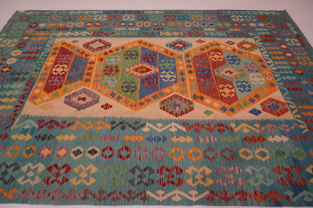 8x12 Afghan Beige Pastel Blue Handmade Kilim Wool rug - Yildiz Rugs