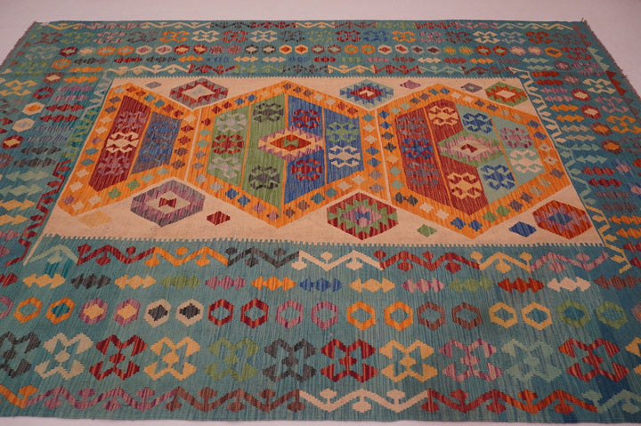 8x12 Afghan Beige Pastel Blue Handmade Kilim Wool rug - Yildiz Rugs