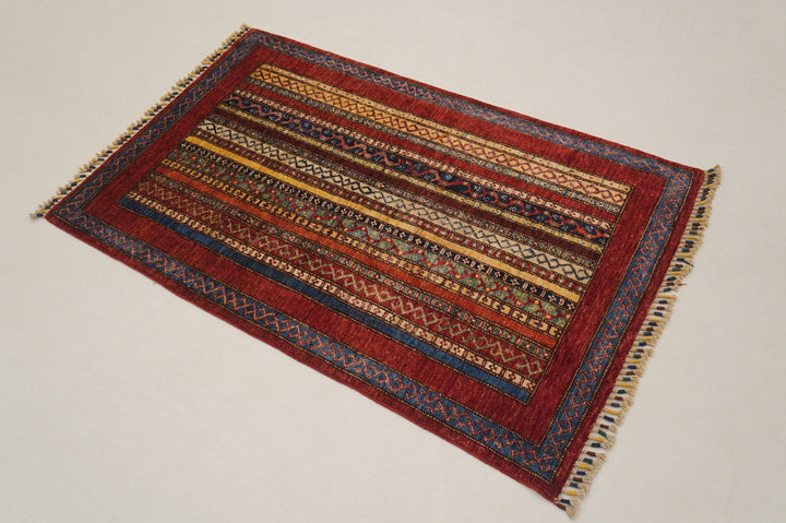 Red 3x5 Turkish Shawl Pattern Natural Dye Hand Knotted Wool Striped Rug - Yildiz Rugs