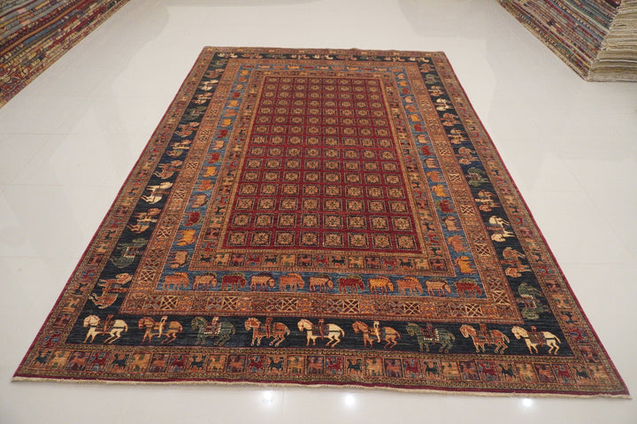 8x12 Pazyryk Red Navy Blue Afghan Hand Knotted wool Oriental rug - Yildiz Rugs