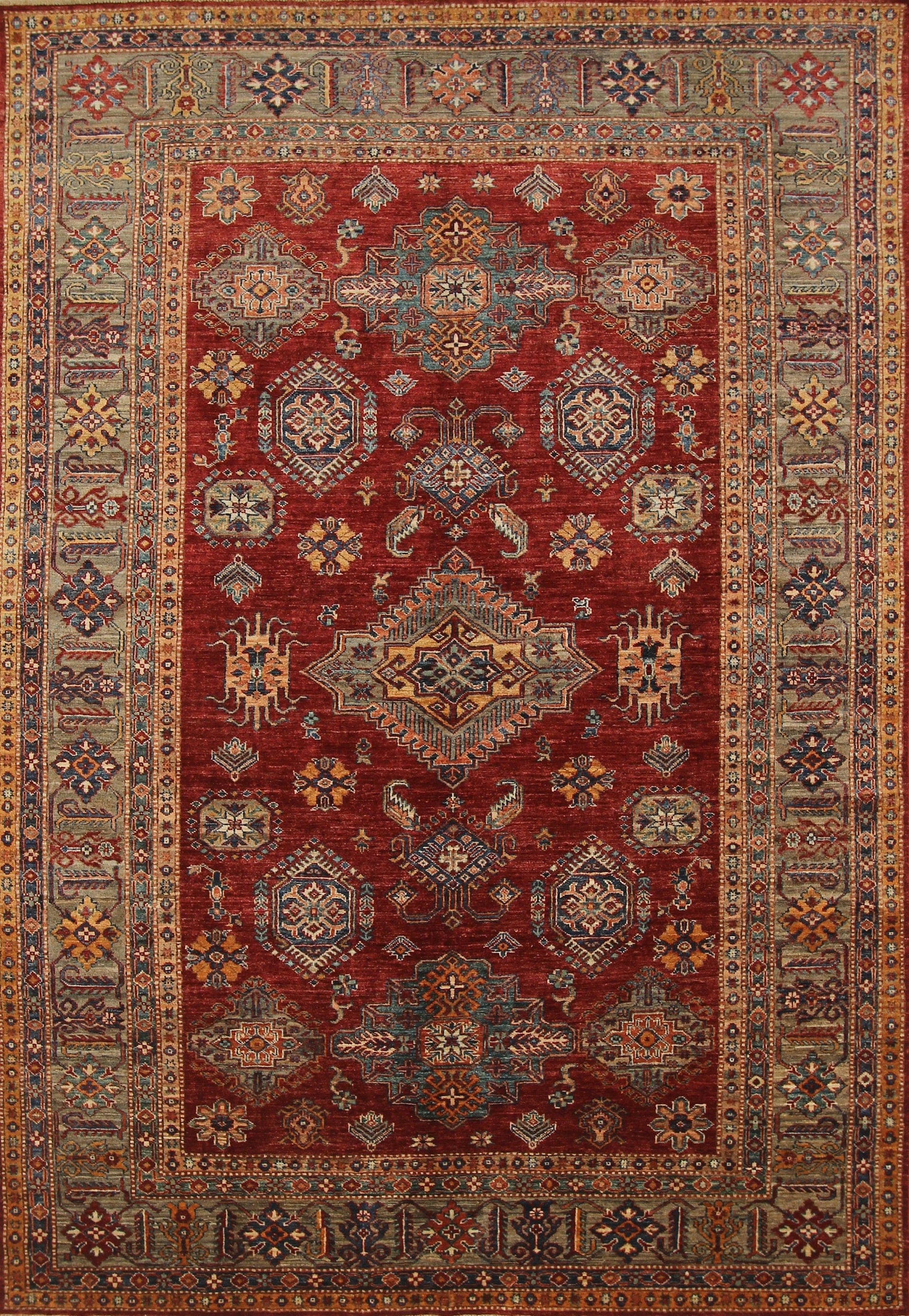 7x10 Kazak Red Afghan Hand knotted Veg dyes Wool Oriental rug - Yildiz Rugs