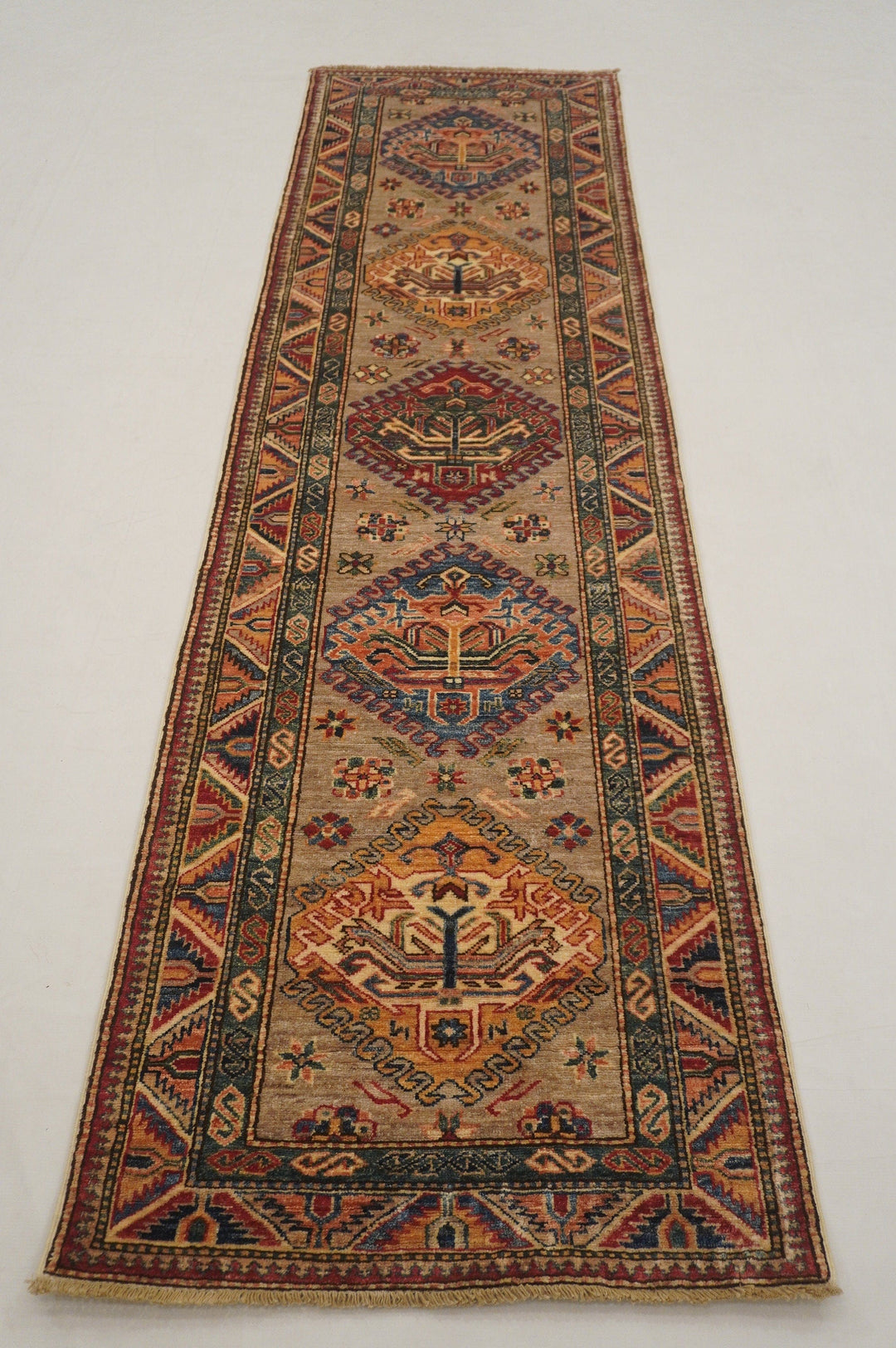 9 Ft Kazak Gray Kazak Caucasian Afghan Hand knotted runner rug - Yildiz Rugs