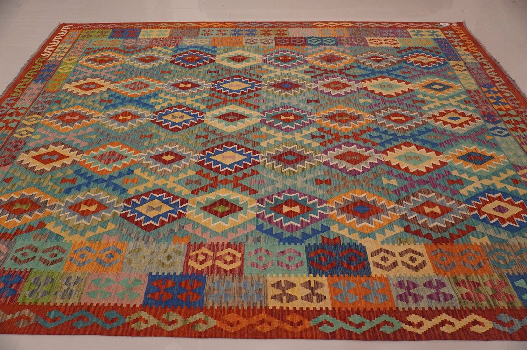 9x12 Afghan Blue Rusty red Handmade Geometric Wool rug - Yildiz Rugs