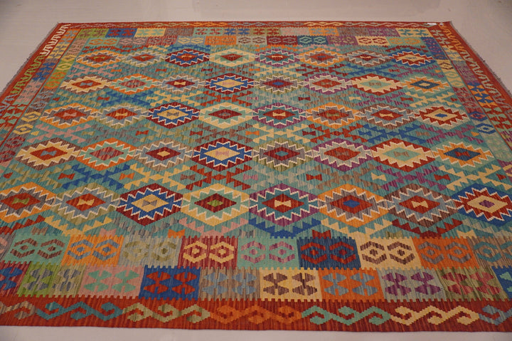 9x12 Afghan Blue Rusty red Handmade Geometric Wool rug - Yildiz Rugs