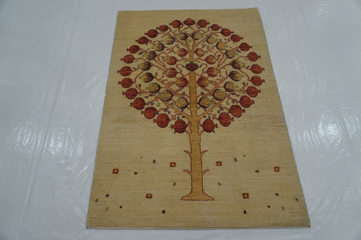 3x5 Gabbeh Beige Tree of Life Hand Knotted Wool Rug - Yildiz Rugs