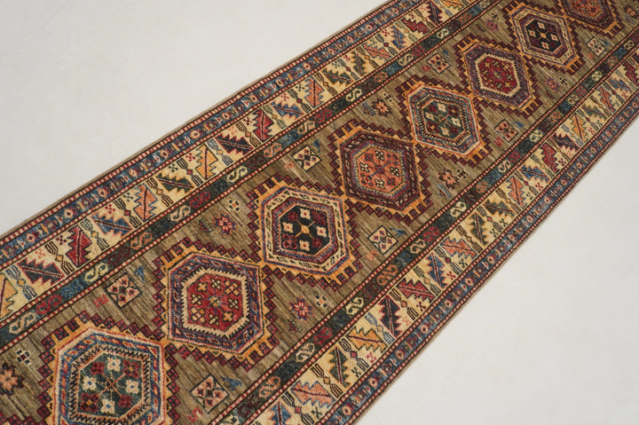 10 Ft Kazak Gray Kazak Afghan Hand knotted Veg dye Wool runner Rug - Yildiz Rugs